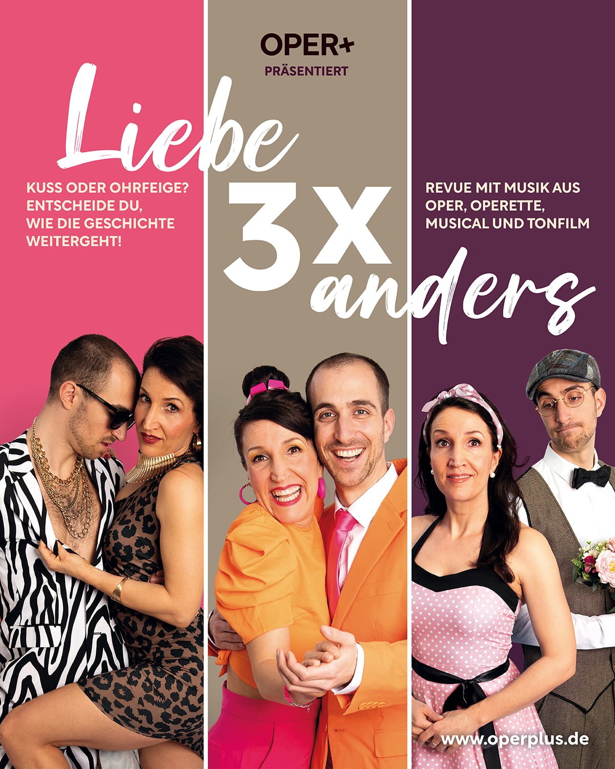 Liebe 3x anders ist ein Mitentscheide-Theater, in dem der Zuschauer die Weichen stellt für den Ausgang des bunten Musikmix aus Oper, Operette, Musical und Tonfilm.
